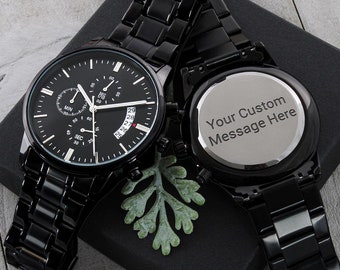 Personalized Engraved Black Chronograph Watch: Stainless Steel Gift