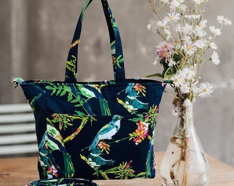 Black Floral Bird Canvas Crossbody Tote Bag: Eco-Friendly Fashion