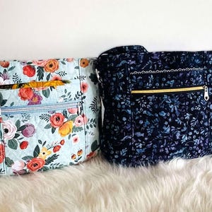 Quilted Crossbody Bag: Batik Floral Cotton Purse, Navy Blue