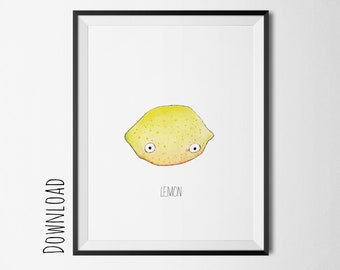 Kinderzimmer Kunstdruck Zitrone mit Augen - Süßes minimalistisches Früchte Bild, Lemon, sofort Download, Illustration Poster, Aquarell Druck