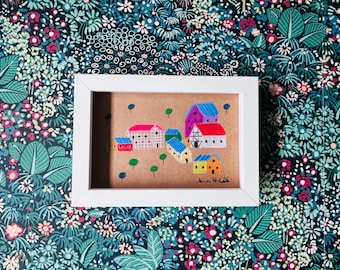 Casas - Ilustración abstracta moderna original, dibujo, pintura, casas, paisaje, decoración de pared