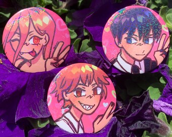 love and peace! | chainsaw man 1.5" holographic pinback buttons