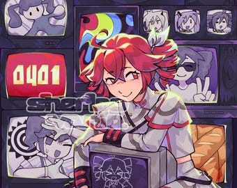 Puede incluir: Ilustración de una persona con cabello rojo y uniforme blanco y rojo, apoyada en un televisor retro. El fondo presenta varios televisores antiguos que muestran varios personajes de dibujos animados y diseños abstractos. La palabra "sner" es visible.