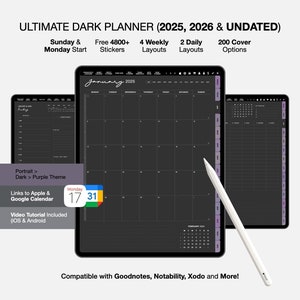 2025 UNDATED DIGITAL PLANNER Dark Mode Minimalist dated & Undated Digital Planner in Dark Mode purple style for GoodNotes ipad notebility