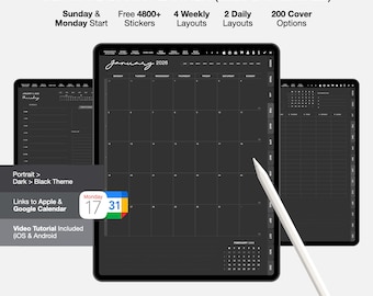 2026 Dark Digitaler Planner undatiert für GoodNotes, 2026 Hochformat Digitaler Planer im Dark Mode, Black Goodnotes Planner