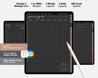 2026 Undatierter Dark Mode Digitaler Planer, Goodnotes & Notability Journal für iPad Tablet