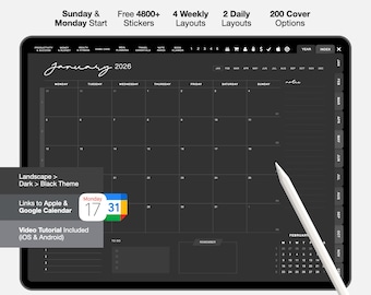 Dunkler Digitaler Planer, 2026 Undatiert, GoodNotes iPad Planer (PDF)