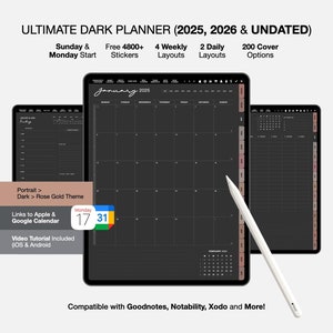 2025+Undated Dark Mode Digital Planner, Goodnotes & Notability Planner Journal for GoodNotes Dark Mode Digital Planner for GoodNotes on iPad