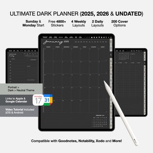 2025 Dark Digital Planner for iPad, 2025 Dated Monthly PDF Journal for Goodnotes, Dark Portrait Planner, Dated Planner Planner for GoodNotes