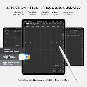 2025 2026 Dark Digital Planner undated for GoodNotes, 2025 portrait view digital planner in dark mode, Black Goodnotes Planner