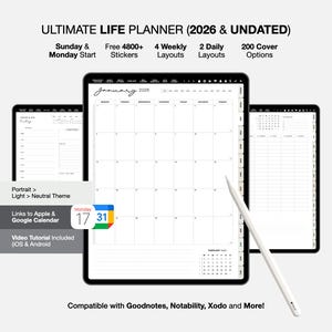 2026 Digital Planner, Goodnotes Notability Template, Undated Portrait Planner (PDF)