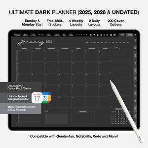 2025 2026 undated Dark Digital Planner, ipad planner notability planner Digital journal, dark Mode GoodNotes Planner dark daily Planner