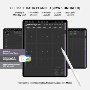 Dark Mode Digital Planner, Purple Theme (2026 Undated PDF)