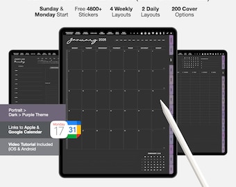 Dark Mode Digitaler Planer, Lila Thema (2026 Undatierte PDF)