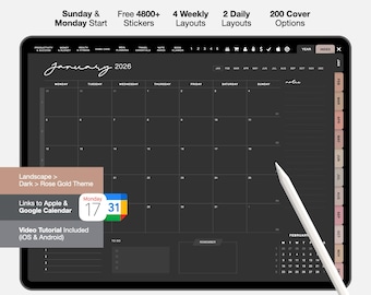 2026 Dark Mode Digitaler Planer, Roségoldene Tabs, Goodnotes Template (PDF)
