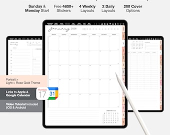 Minimaler Digitaler Planner, Undatiert, Roségoldene Tabs, Stickers (PDF)