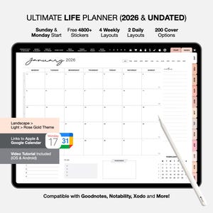 Digitale planner voor GoodNotes & Notability 2026 | iPad-planner | Dagelijkse, wekelijkse maandelijkse organisator | Gelinkte pdf