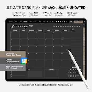 Landscape 2024 Dark Mode Digital Planner, Gold dark digital planner, Digital Planner for Goodnotes & Notability, Dated iPad Journal 2024,