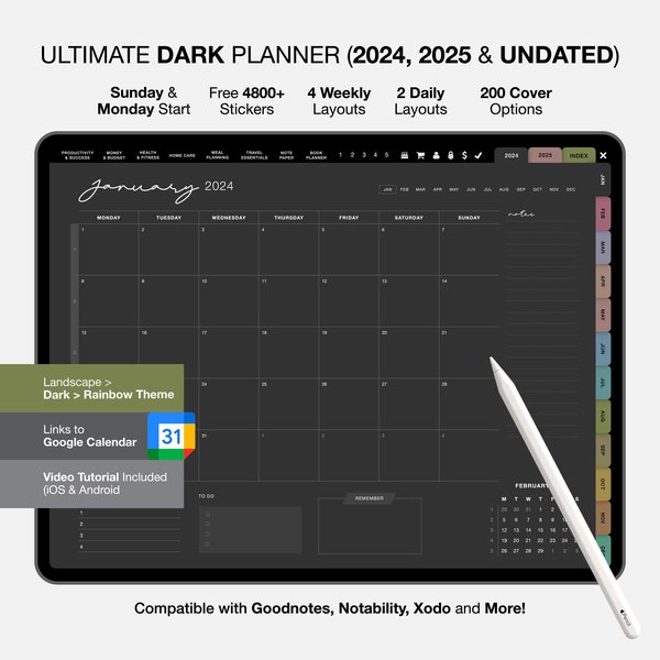 2024 Digital Daily Journal in Dark Mode, Weekly Planner Goodnotes Template, Undated Dark Mode iPad Digital Planner GoodNotes or Notability