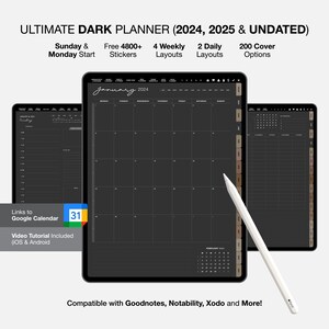 2024 Digital Planner GoodNotes UNDATED PORTRAIT, Digital Planner Dark 2024 - 2025 Undated, BOHO theme Undated Dark Mode iPad planner