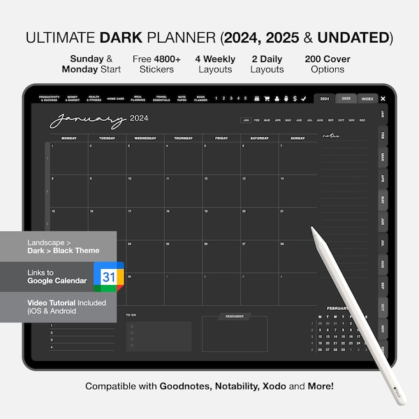 2024 2025 undated Dark Digital Planner, ipad planner notability planner Digital journal, dark Mode GoodNotes Planner dark daily Planner