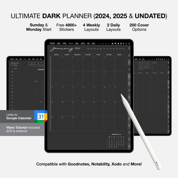 2024 2025 Dark Digital Planner undated for GoodNotes, 2024 portrait view digital planner in dark mode, Black Goodnotes Planner