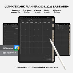 2024 Portrait View Digital Planner in Dark Mode for iPad, Dark digital planner template goodnotes daily schedule, Digital Planner Dark Mode