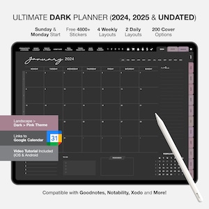Dark Mode Digital Planner 2024, Digital Planner Dark 2024 - 2025 Undated for goodnotes notability, Dark digital planner template ipad