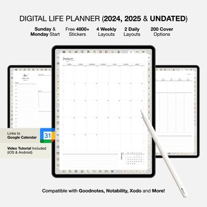Life Planner, Digitaler Planer 2024 2025 + Undatiert, Hyperlinked Planner, Goodnotes Planner, Digitales Journal, Tagesplaner, Wochenplaner