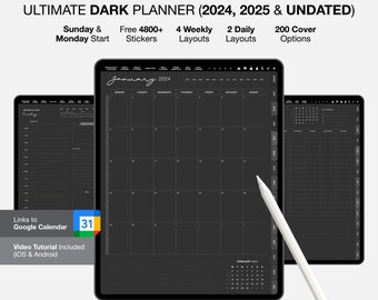 2024 2025 Dark Digitaler Planner undatiert für GoodNotes, 2024 dunkler Digitaler Planer im Hochformat, Black Goodnotes Planner
