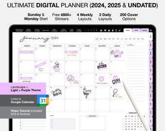 2024 Purple Lavender Color iPad Planner, Undated Digital Planner, Digital Planner Pastel, Lilac with hyperlinks tabs for Goodnotes,