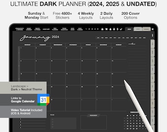 2024 Notability Planner im Dark Mode, 2024 Goodnotes Planner im Dark Mode, 2024&2025 Black Digital Planner, Dark Digital Planner für iPad