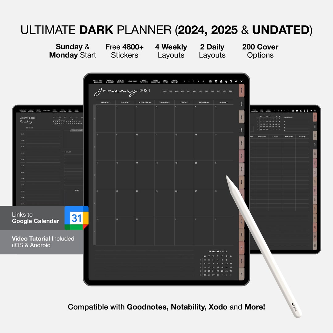 2024undated Dark Mode Digital Planner, Goodnotes & Notability Planner ...