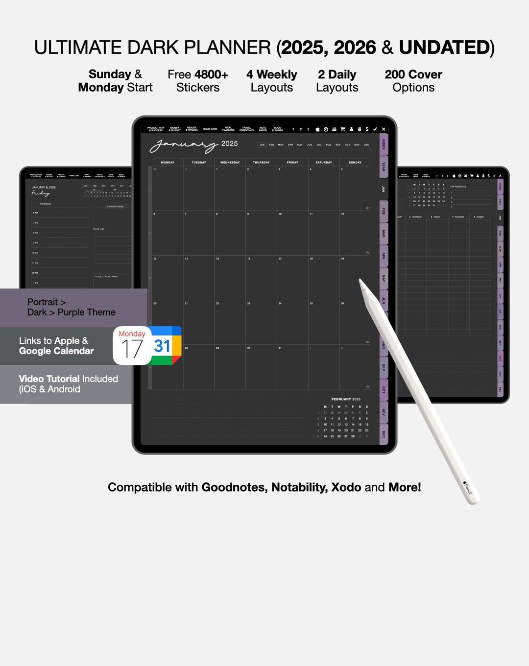 2025 UNDATED DIGITAL PLANNER Dark Mode Minimalist Dated & Undated ...