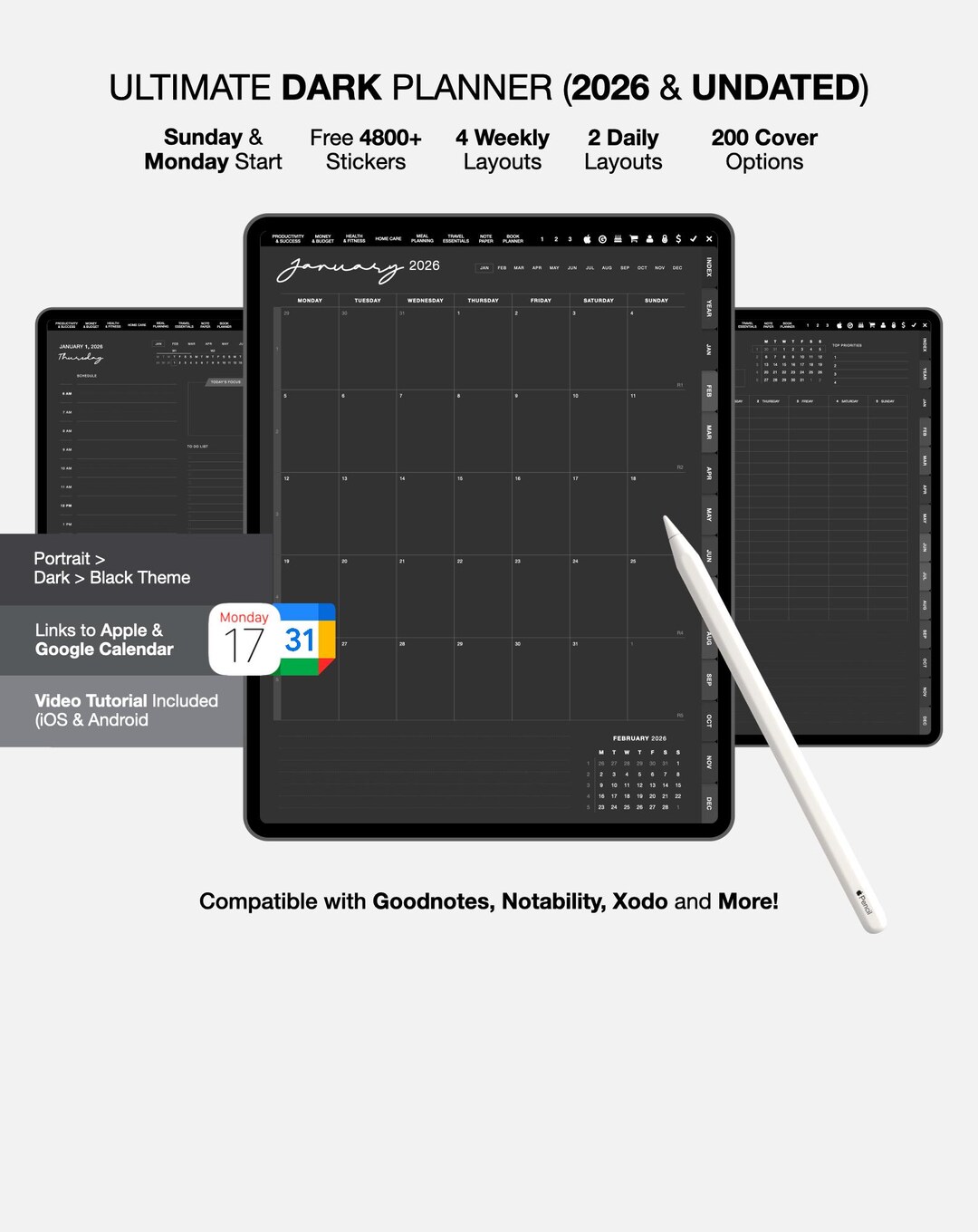 2026 Dark Digital Planner Undated for Goodnotes, 2026 Portrait View ...