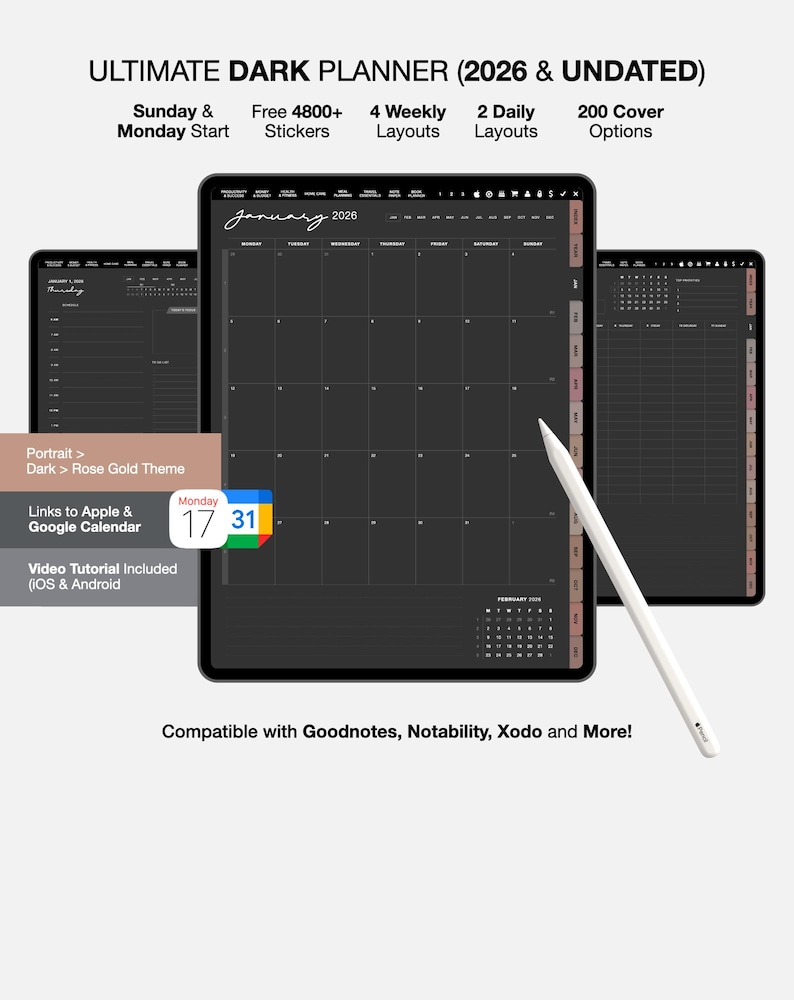 2026 Undated Dark Mode Digital Planner, Goodnotes & Notability Journal ...