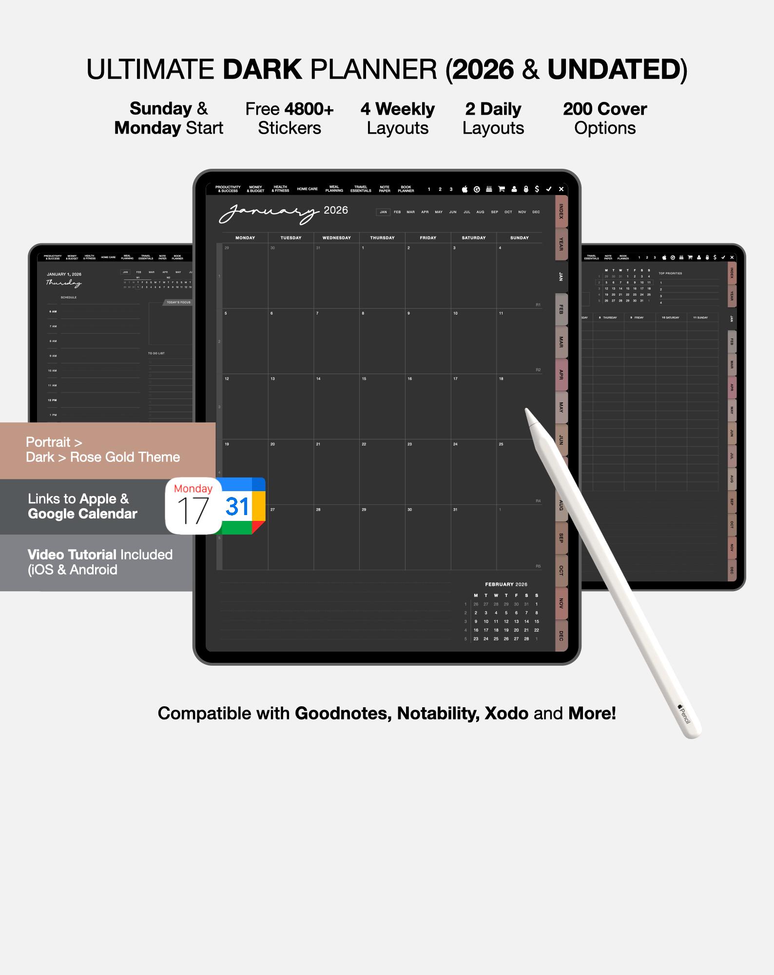 2026 Undated Dark Mode Digital Planner, Goodnotes & Notability Journal ...