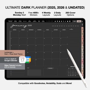 2025 Daily Digital Journal Dark Mode, Digital planner landscape format, Monthly Planner Goodnotes Template Undated Dark Mode Digital Planner