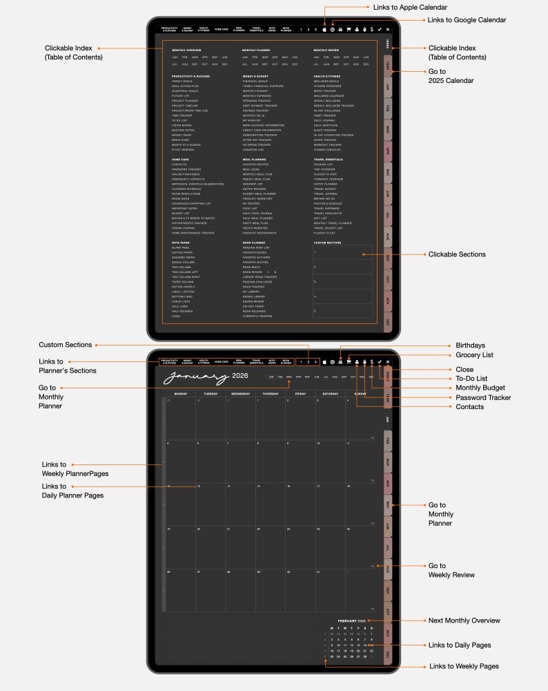 2026 Undated Dark Mode Digital Planner, Goodnotes & Notability Journal ...