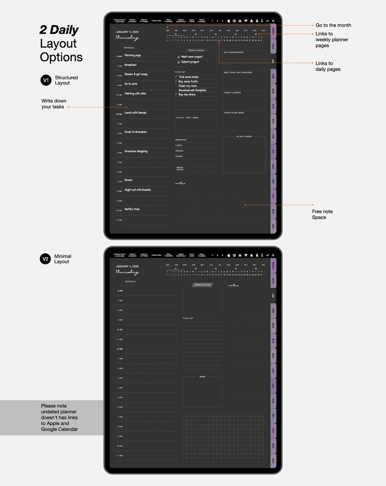 Dark Mode Digital Planner, Purple Theme (2026 Undated PDF) - Etsy