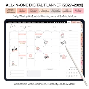 May include: A digital planner for 2027-2028 displayed on a tablet screen, featuring a February 2027 monthly calendar view with various icons, text labels, and a stylus. The interface includes navigation tabs, a top goals section, and a to-do list.