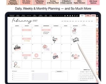 Op de afbeelding: Een digitale planner voor 2027-2028 weergegeven op een tabletscherm, met een maandoverzicht van februari 2027 met diverse iconen, tekstlabels en een stylus. De interface bevat navigatietabbladen, een doelenoverzicht en een takenlijst.