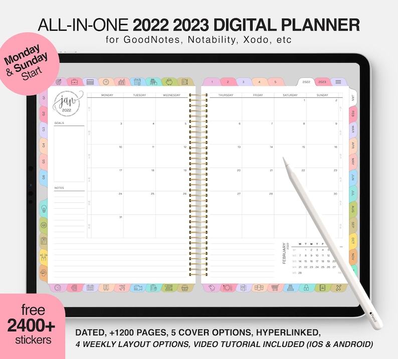 2022 Digital Planner, Goodnotes Planner, Dated Digital Planner, iPad Planner, Planner Digital, Notability, Hyperlinked, Digital journal. 