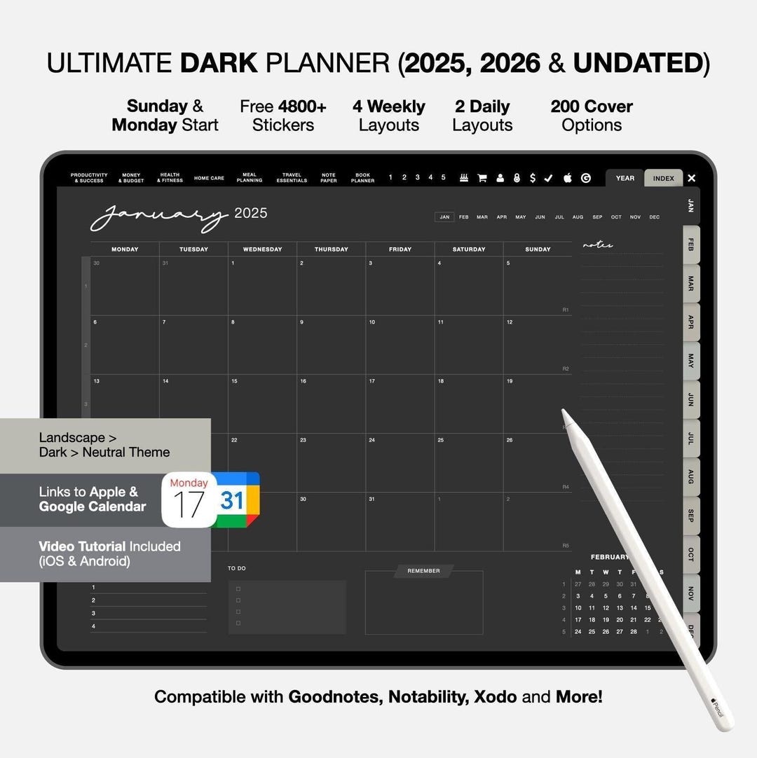 2025 Notability Planner in Dark Mode, 2025 Goodnotes Planner in Dark ...