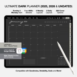 2025 Notability Planner in Dark Mode, 2025 goodnotes planner in dark mode, 2025&2026 Black Digital Planner, Dark Digital Planner for iPad