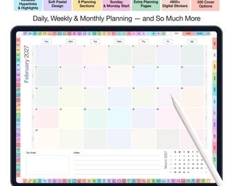 May include: An all-in-one digital planner for 2027-2028 displayed on a tablet screen with a stylus. The interface features a February 2027 monthly calendar grid in soft pastel colors, navigation tabs, and a sidebar with various icons.