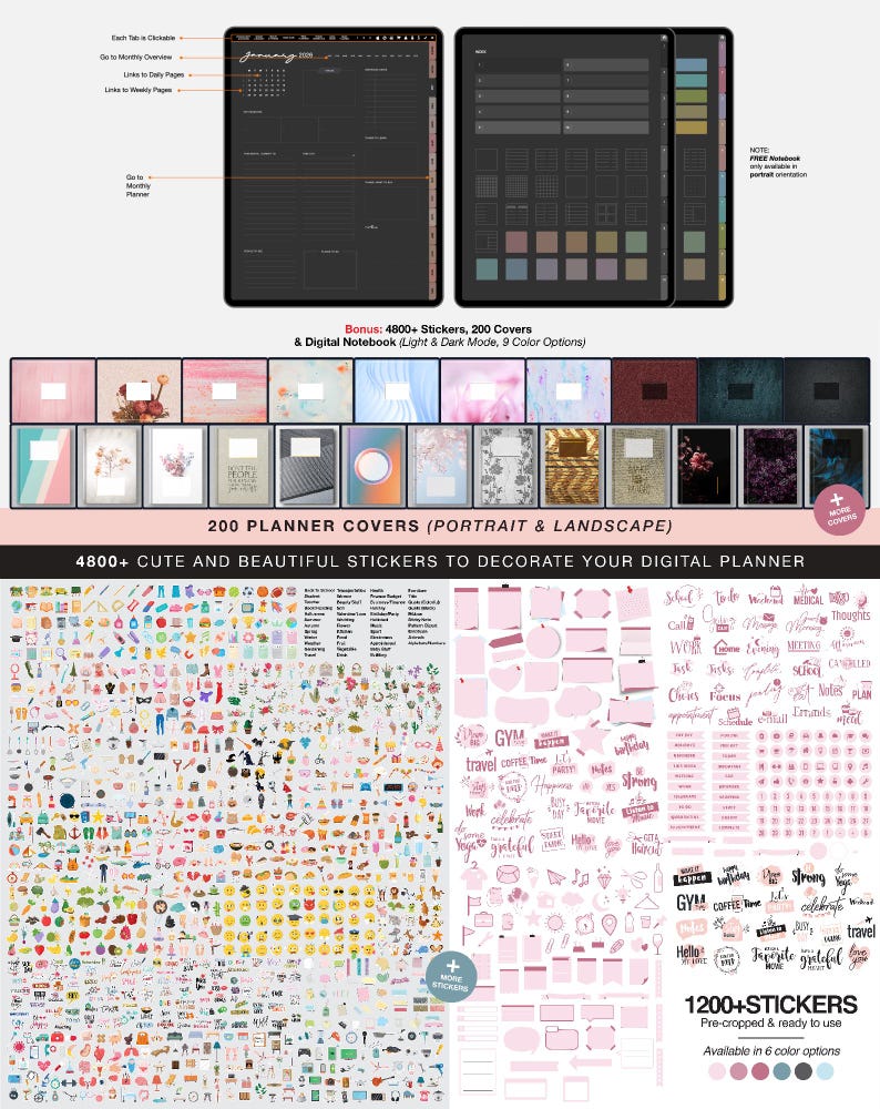 2026 Undated Dark Mode Digital Planner, Goodnotes & Notability Journal ...