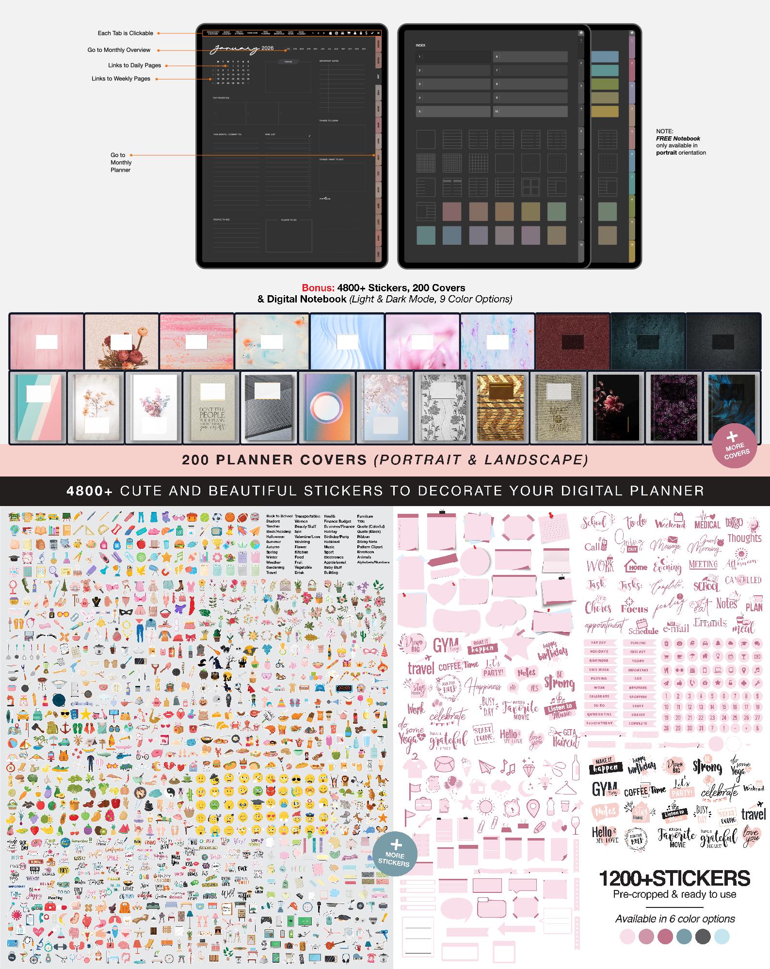 2026 Undated Dark Mode Digital Planner, Goodnotes & Notability Journal ...