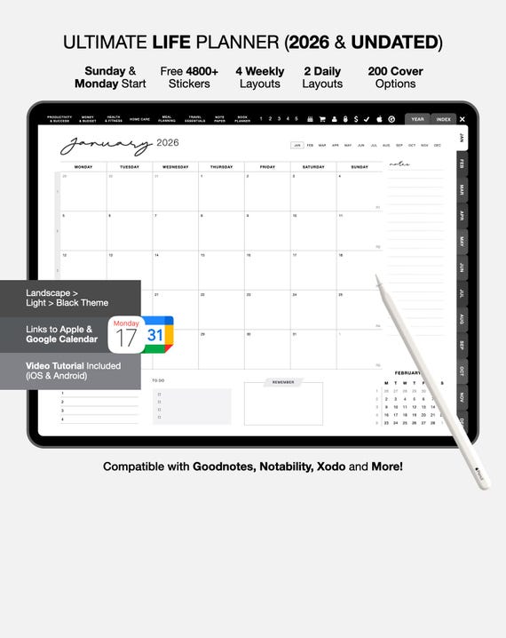 2026 Dated Digital Planner, GoodNotes & Notability Compatible (PDF Download)