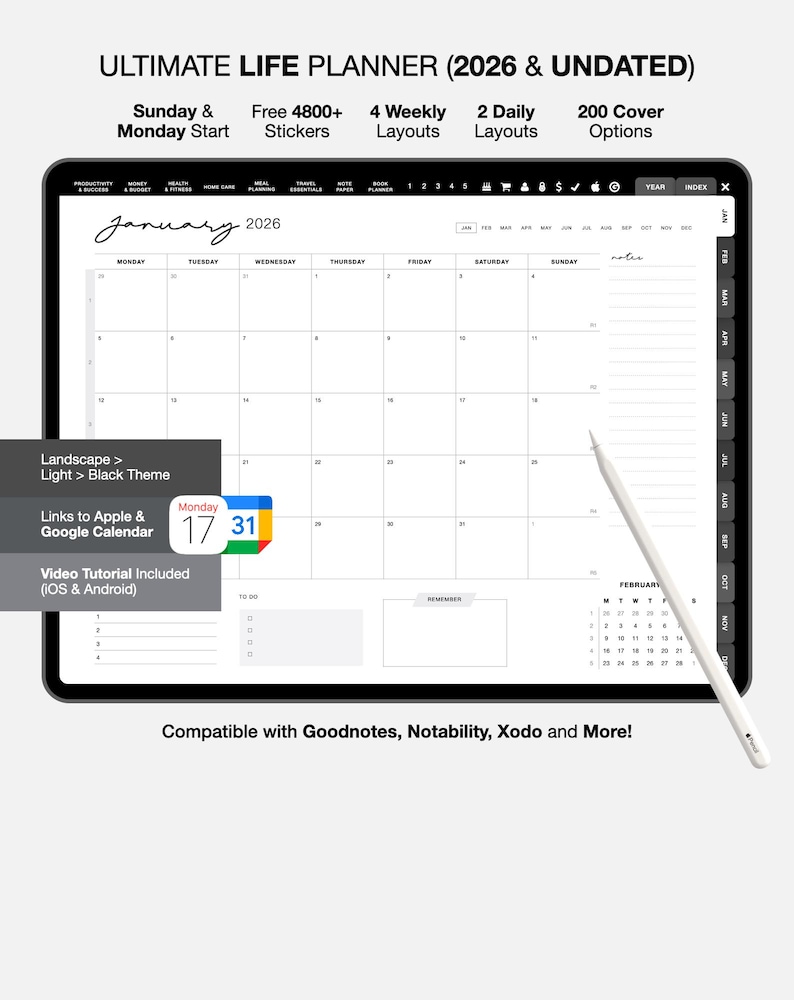 2026 Dated Digital Planner, GoodNotes & Notability Compatible (PDF Download) image 1